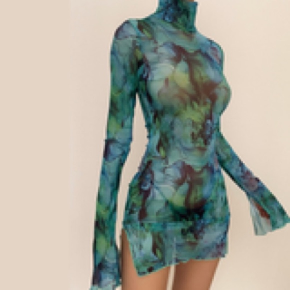 multicolor mesh turntleneck dress